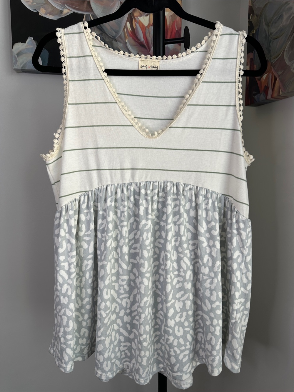 Lovely Melody Cream & Light Green Striped Tank with Gray Leopard Print